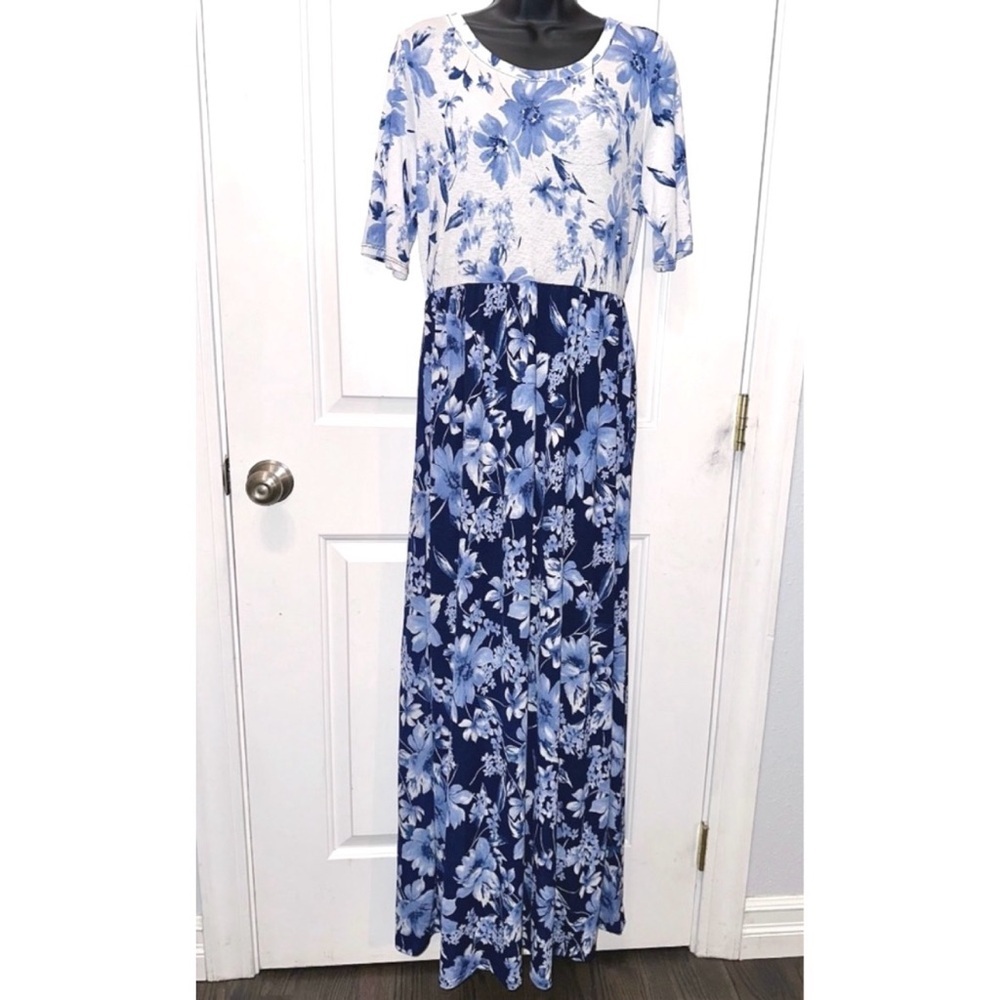 Celeste blue & white short sleeve maxi dress
